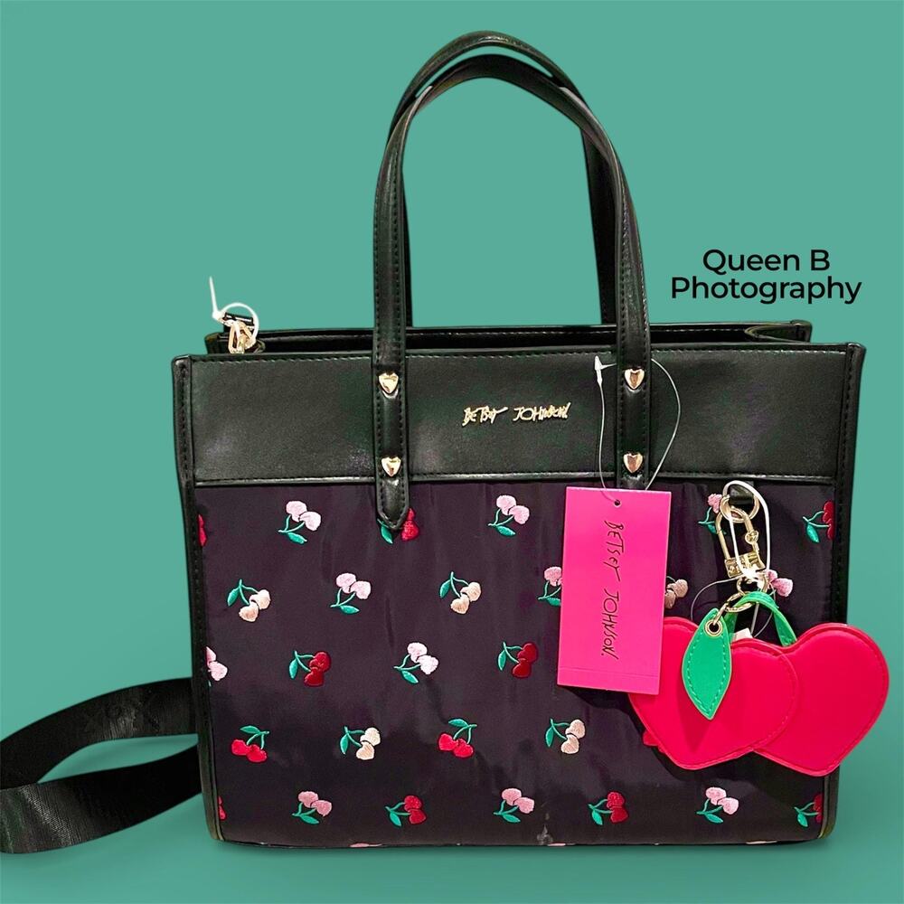 Betsey Johnson Black Cherry Embroidered Tote Bag Heart Charm, Crossbody Strap